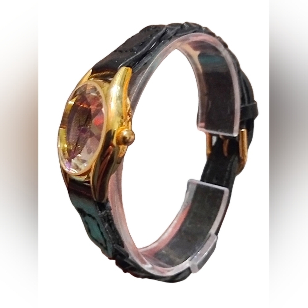 Vintage Women's LA Express Watch Gold Tone Blue Faceted Face Black Leather Band - Picture 4 of 6